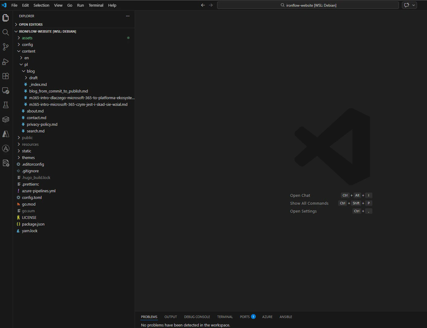 Struktura repo Hugo w Azure DevOps z motywem jako submodule